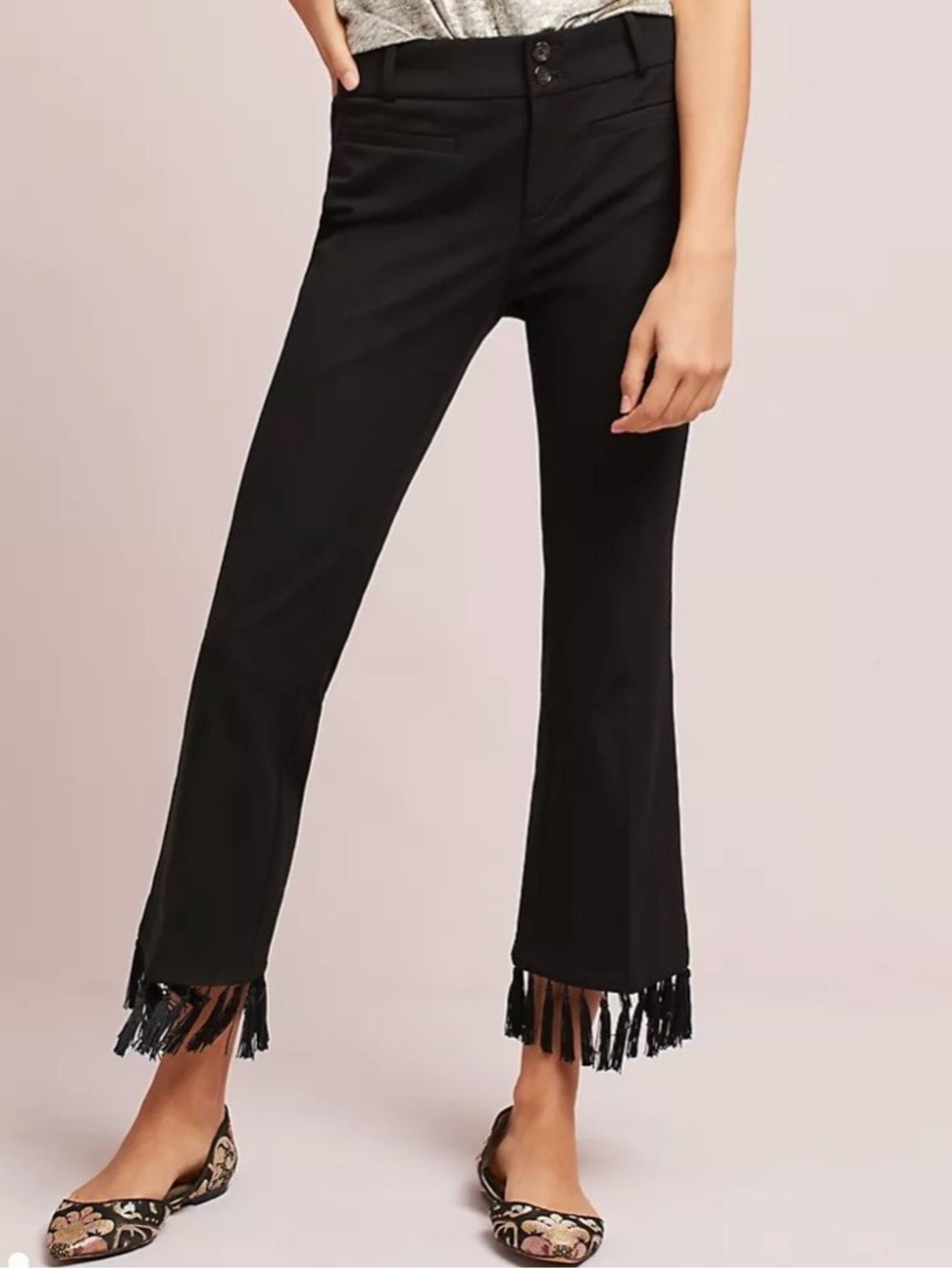 Anthropologie The Essential Tassel-Hem Cropped Flares Pant Black Womens 8